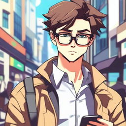 An anime guy wearing eyeglasses, looking intently at his phone