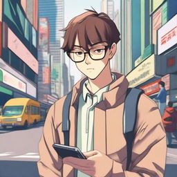 An anime guy wearing eyeglasses, looking intently at his phone