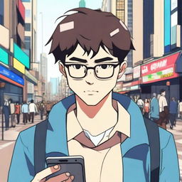 An anime guy wearing eyeglasses, looking intently at his phone