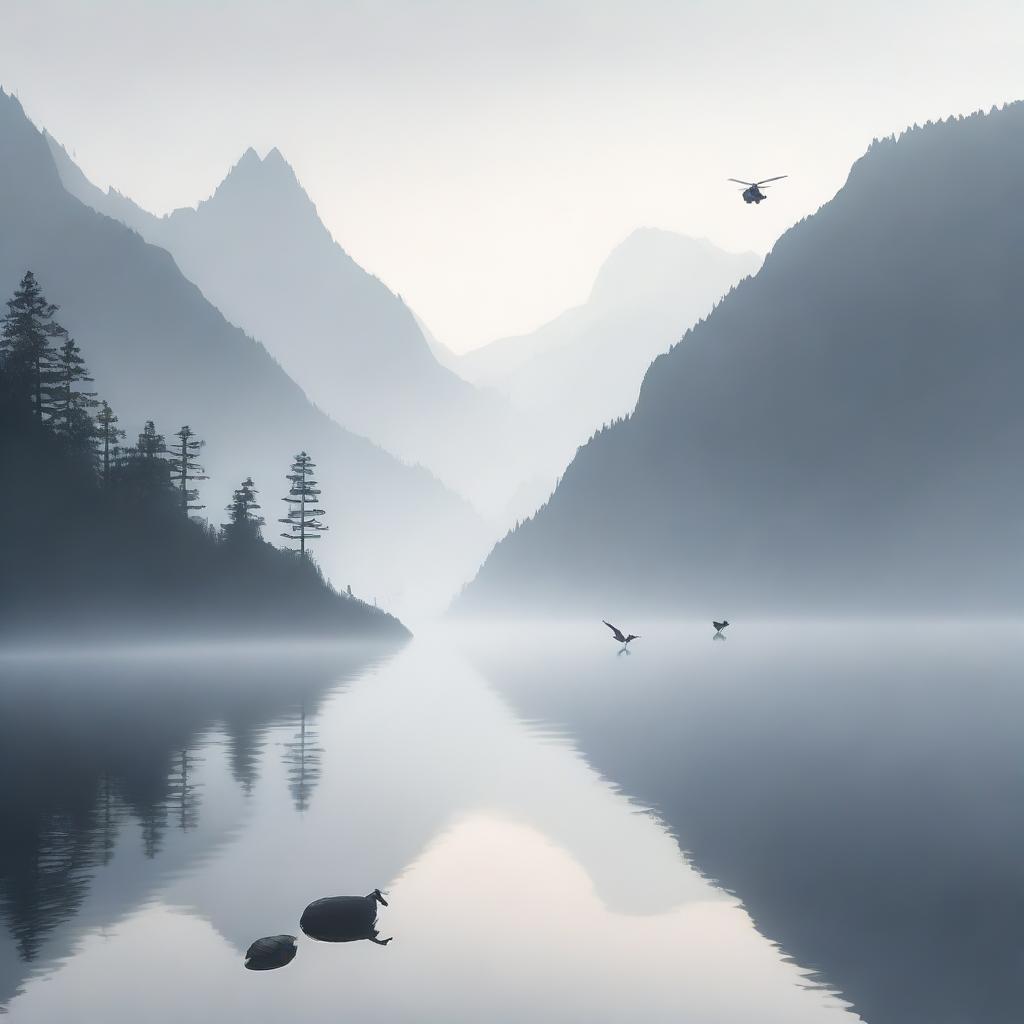 A foggy lake situated in a mountain bowl, surrounded by towering peaks