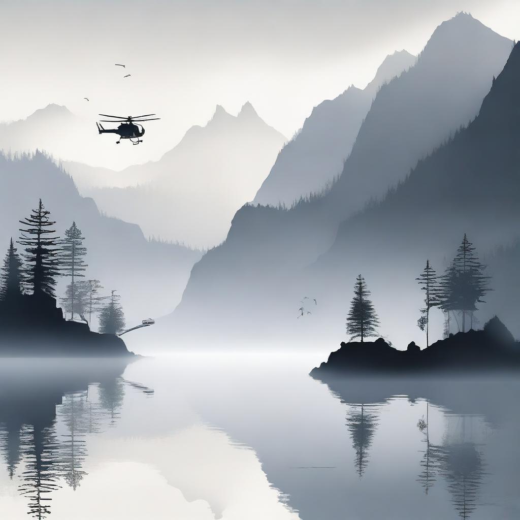 A foggy lake situated in a mountain bowl, surrounded by towering peaks