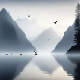 A foggy lake situated in a mountain bowl, surrounded by towering peaks