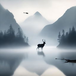 A foggy lake situated in a mountain bowl, surrounded by towering peaks