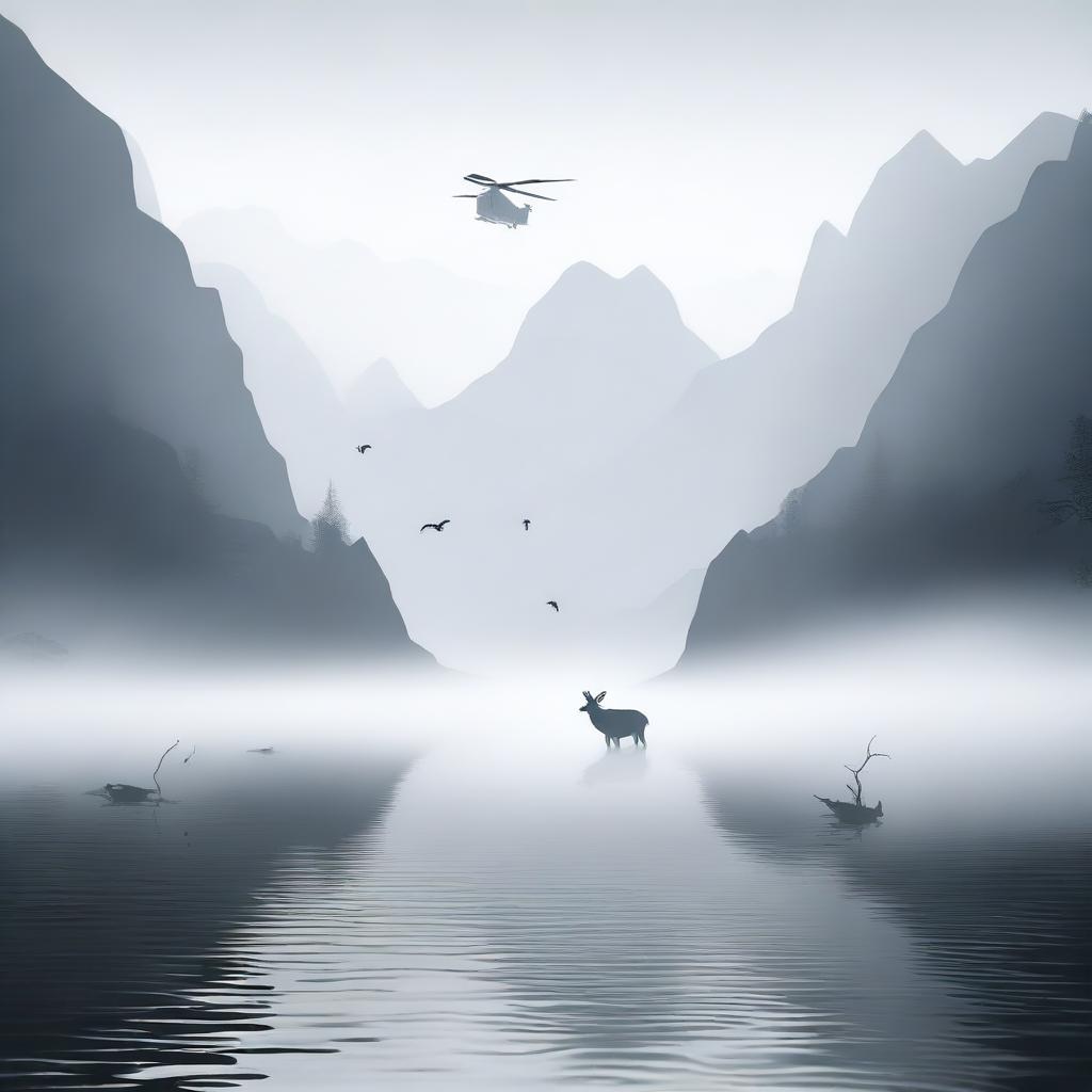 A foggy lake situated in a mountain bowl, surrounded by towering peaks