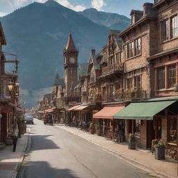 A picturesque, small mountain town, adorned with steampunk aesthetics, showcasing brass and copper-clad buildings, intricate cog-work street lamps, Victorian-era decorations, and steam-powered mechanisms amidst the Alpine scenery