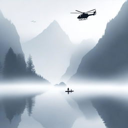 A foggy lake situated in a mountain bowl, surrounded by towering peaks