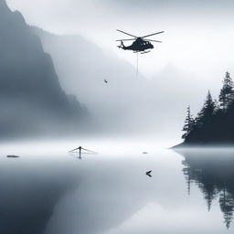 A foggy lake situated in a mountain bowl, surrounded by towering peaks