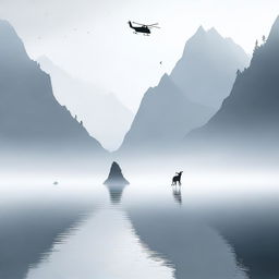 A foggy lake situated in a mountain bowl, surrounded by towering peaks