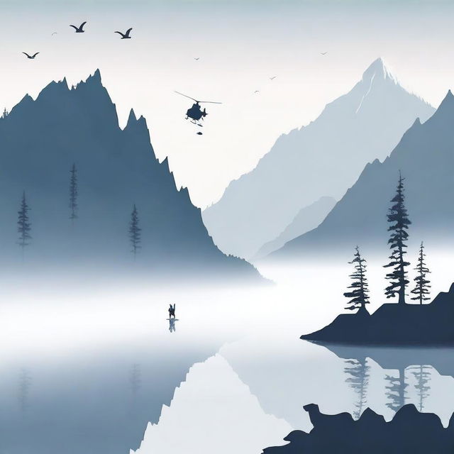 A foggy lake situated in a mountain bowl, surrounded by towering peaks