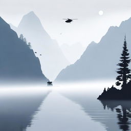 A foggy lake situated in a mountain bowl, surrounded by towering peaks