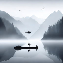 A foggy lake situated in a mountain bowl, surrounded by towering peaks