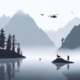 A foggy lake situated in a mountain bowl, surrounded by towering peaks