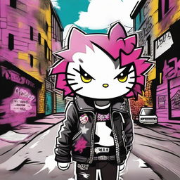 A Hello Kitty character dressed in punk rock attire, featuring a leather jacket, spiked collar, and vibrant colored hair