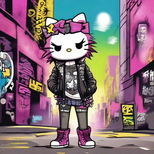 A Hello Kitty character dressed in punk rock attire, featuring a leather jacket, spiked collar, and vibrant colored hair