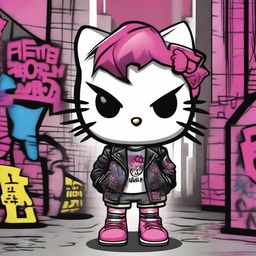 A Hello Kitty character dressed in punk rock attire, featuring a leather jacket, spiked collar, and vibrant colored hair