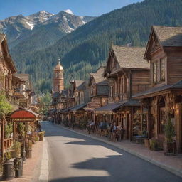 A picturesque, small mountain town, adorned with steampunk aesthetics, showcasing brass and copper-clad buildings, intricate cog-work street lamps, Victorian-era decorations, and steam-powered mechanisms amidst the Alpine scenery