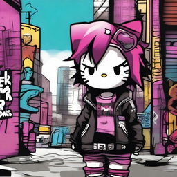 A Hello Kitty character dressed in punk rock attire, featuring a leather jacket, spiked collar, and vibrant colored hair