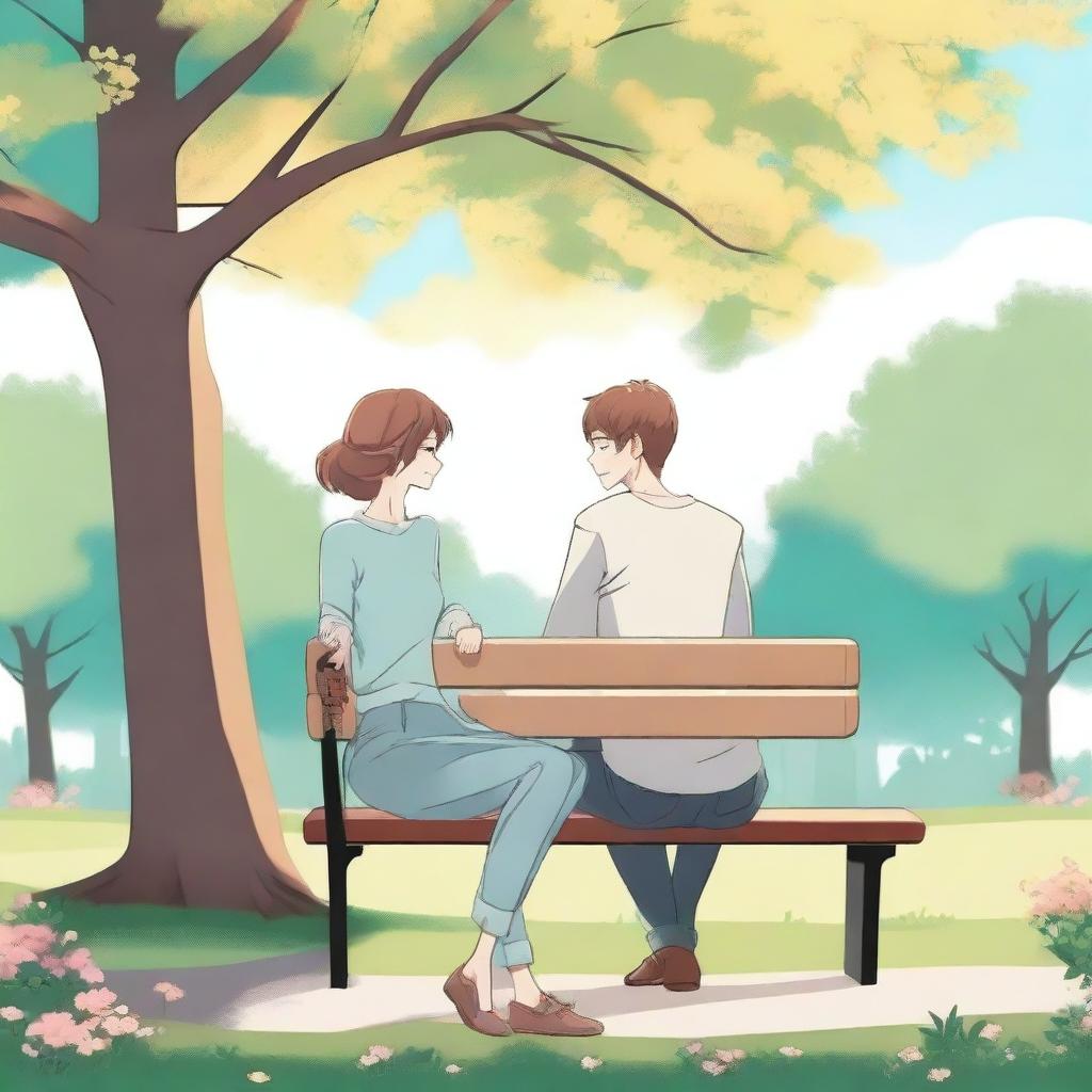 A lady is sitting on a bench while looking at her boyfriend