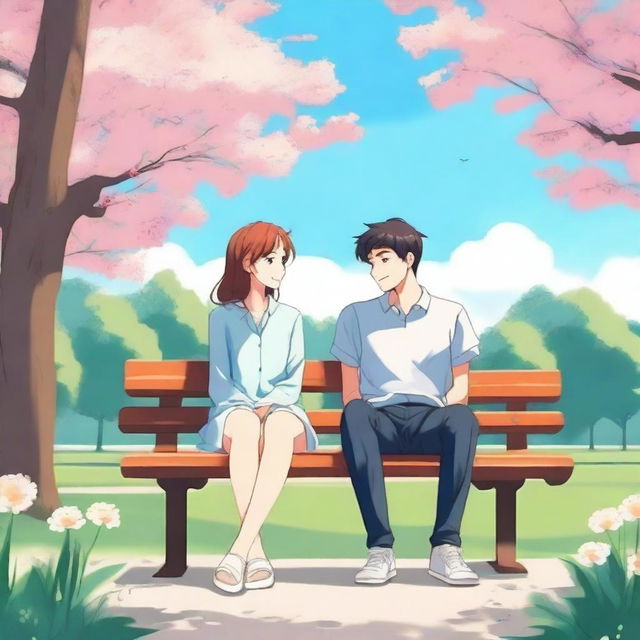 A lady is sitting on a bench while looking at her boyfriend