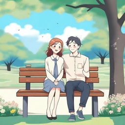 A lady is sitting on a bench while looking at her boyfriend