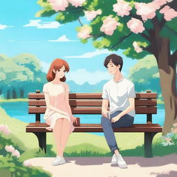 A lady is sitting on a bench while looking at her boyfriend