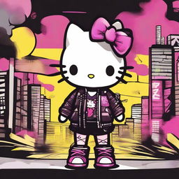 A punk-themed Hello Kitty character with a mohawk, leather jacket, and studded accessories