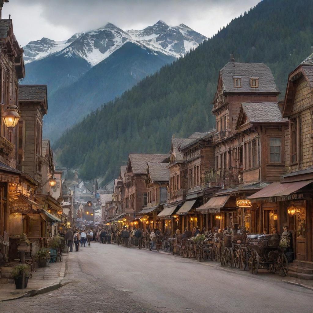 A picturesque, small mountain town, adorned with steampunk aesthetics, showcasing brass and copper-clad buildings, intricate cog-work street lamps, Victorian-era decorations, and steam-powered mechanisms amidst the Alpine scenery