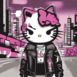 A punk-themed Hello Kitty character with a mohawk, leather jacket, and studded accessories