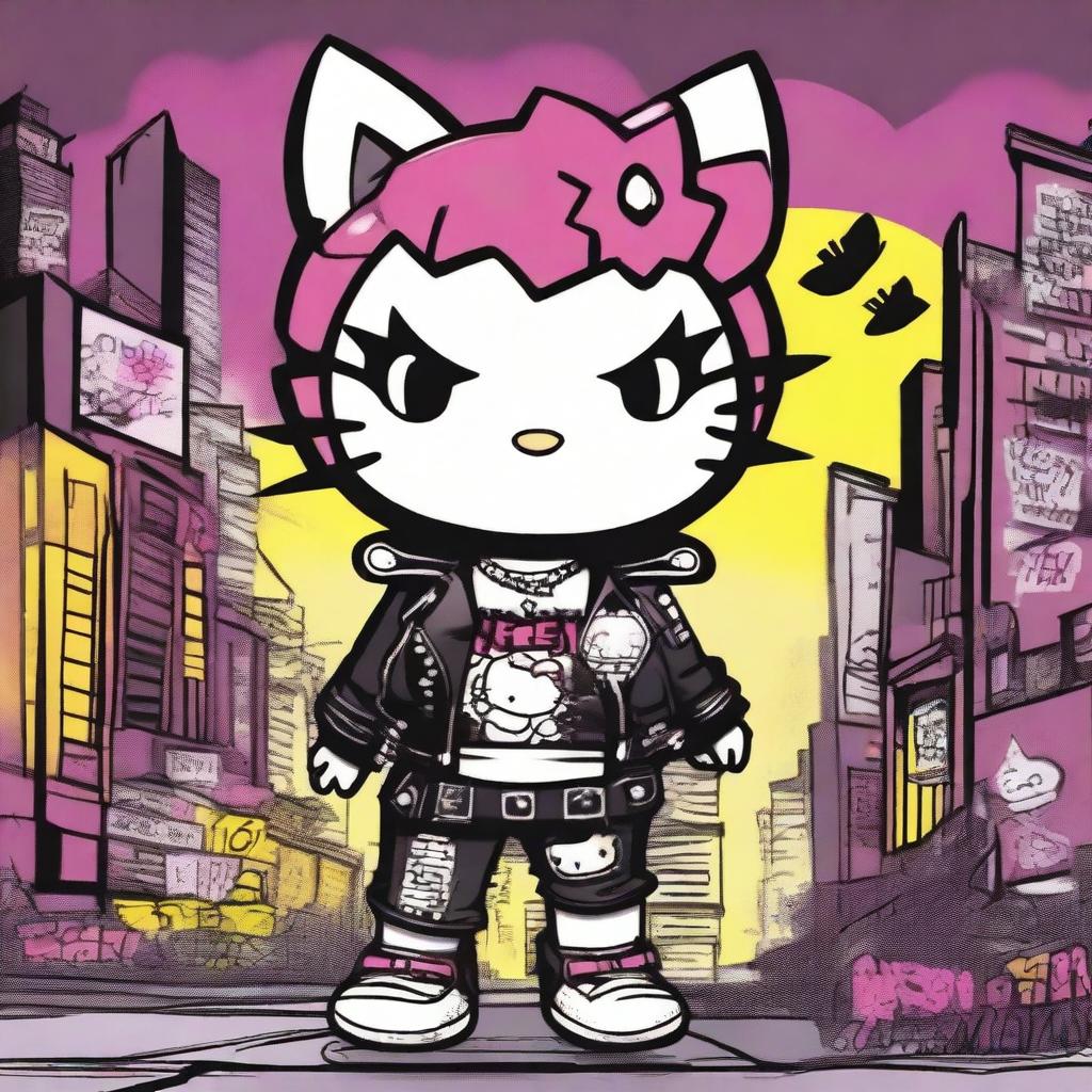 A punk-themed Hello Kitty character with a mohawk, leather jacket, and studded accessories