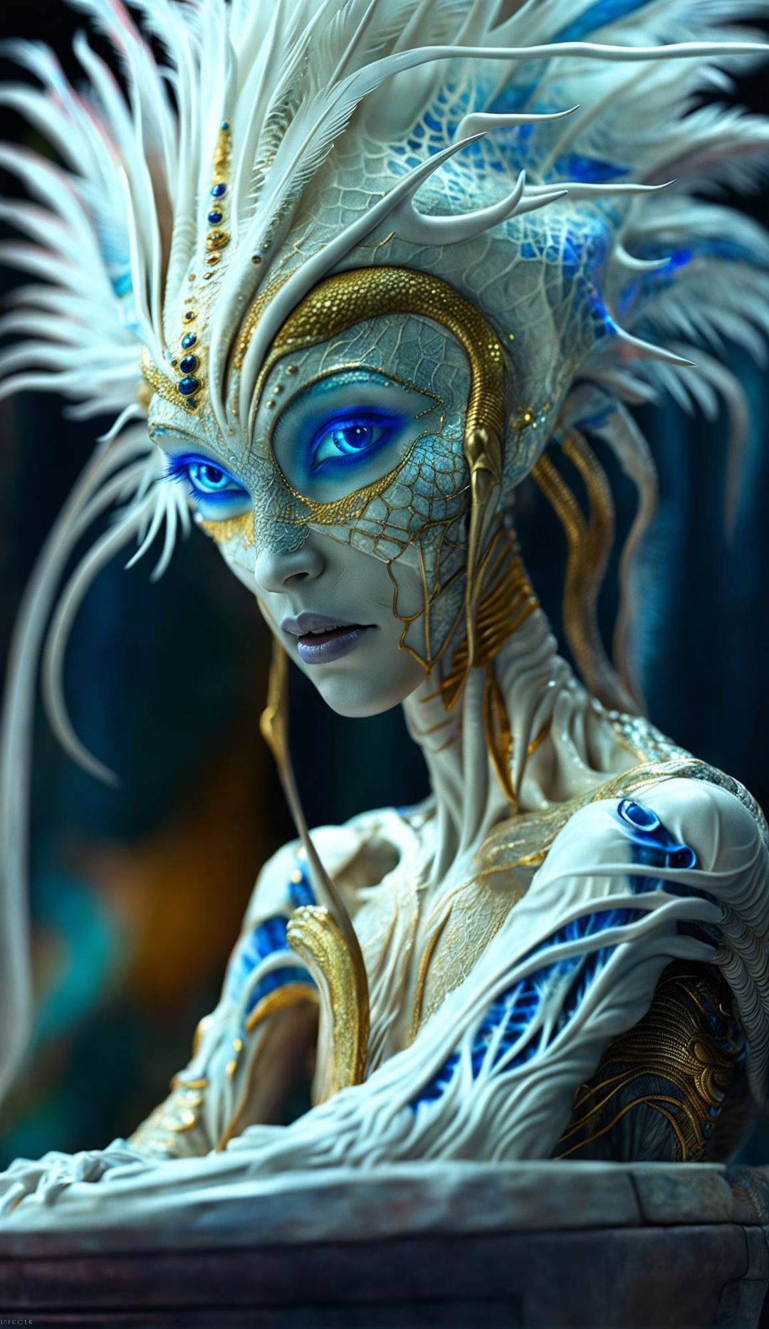 A beautiful alien with blue eyes and white dragon-like skin stands on a 74-degree platform. Her hair is made of peacock feathers and golden veins are visible beneath her skin. Sapphire stones are embedded in her elongated head and her fingers are gold and white.