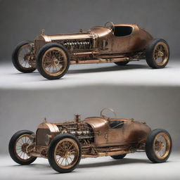 NASCAR racing cars reimagined in steampunk fashion, featuring detailed brass and copper accents, Victorian-era adornments, and exposed mechanical gears despite the high-speed, aerodynamic design