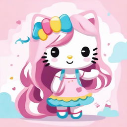 A cute Hello Kitty character with long, flowing pink hair