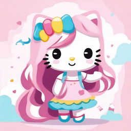 A cute Hello Kitty character with long, flowing pink hair