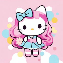 A cute Hello Kitty character with long, flowing pink hair