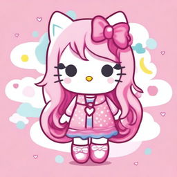 A cute Hello Kitty character with long, flowing pink hair