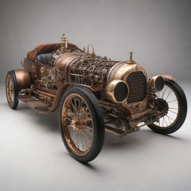 NASCAR racing cars reimagined in steampunk fashion, featuring detailed brass and copper accents, Victorian-era adornments, and exposed mechanical gears despite the high-speed, aerodynamic design