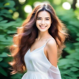 Create an image of a perfect girl with a radiant smile, captivating eyes, and flowing hair