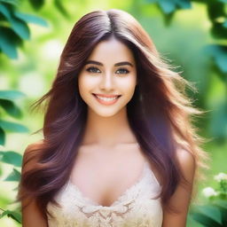 Create an image of a perfect girl with a radiant smile, captivating eyes, and flowing hair