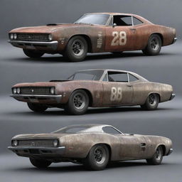 NASCAR racing cars interpreted in dieselpunk elements, featuring a sleek, streamlined industrial metal design, bolted robust steel paneling, propulsive diesel engines, and a general grungy aesthetic