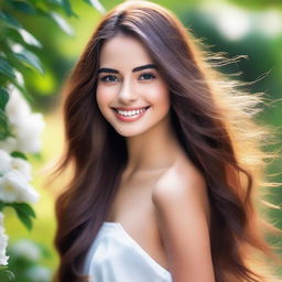 Create an image of a perfect girl with a radiant smile, captivating eyes, and flowing hair