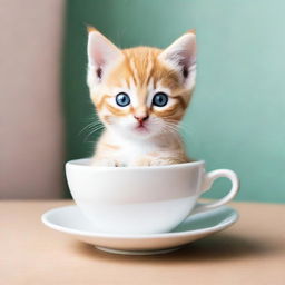 A raw photograph of an adorable kitten sitting inside a teacup