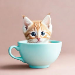 A raw photograph of an adorable kitten sitting inside a teacup