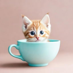 A raw photograph of an adorable kitten sitting inside a teacup