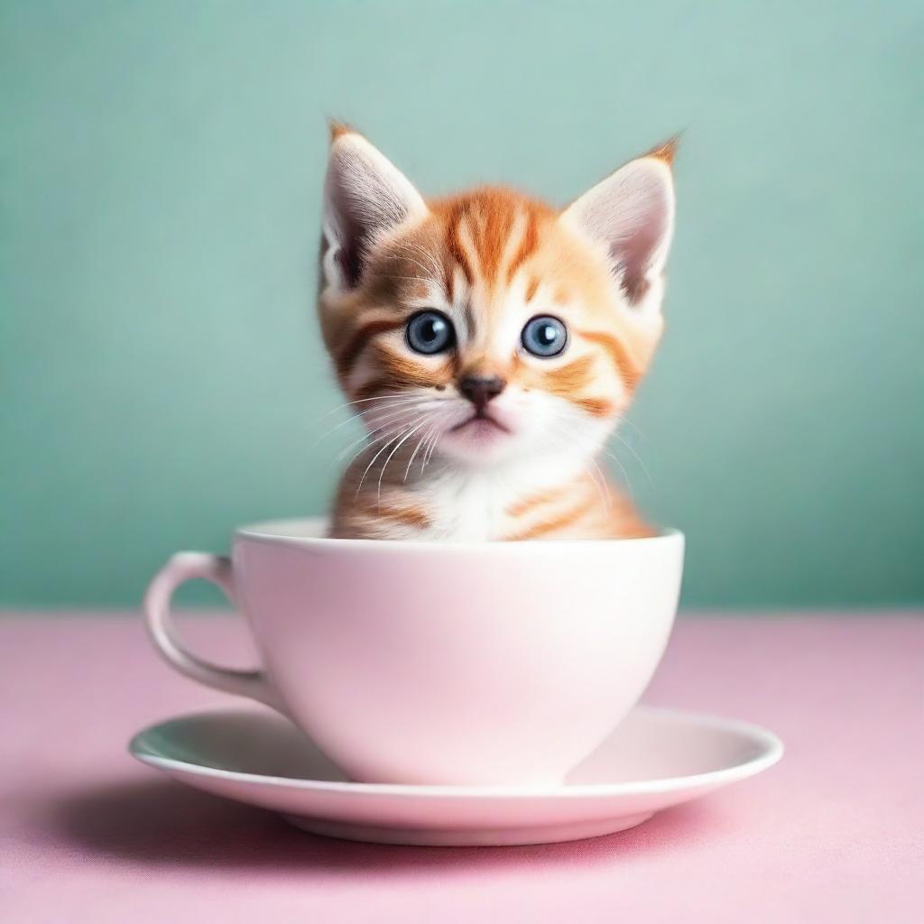 A raw photograph of an adorable kitten sitting inside a teacup