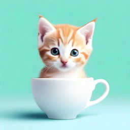 A raw photograph of an adorable kitten sitting inside a teacup