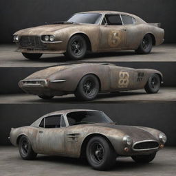 NASCAR racing cars interpreted in dieselpunk elements, featuring a sleek, streamlined industrial metal design, bolted robust steel paneling, propulsive diesel engines, and a general grungy aesthetic