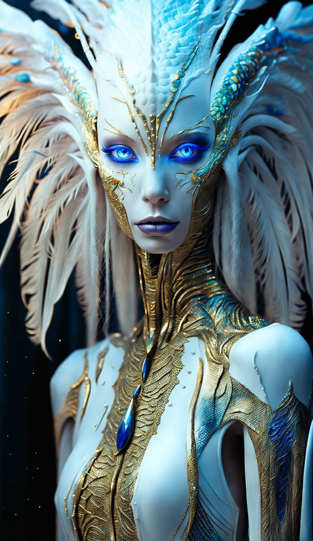 A beautiful alien with blue eyes, white dragon-like skin, gold eyelashes and lips stands on a 74-degree platform. Her hair is made of peacock feathers and golden veins are visible beneath her skin. Sapphire stones are embedded in her elongated head and her fingers are gold and white.