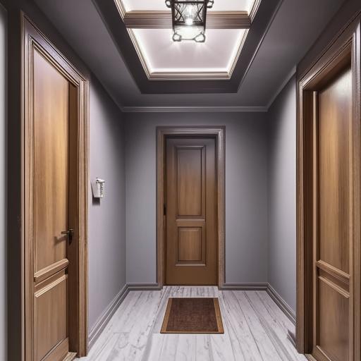 A rectangular hallway with grey marble tiles, a matching rectangular fall ceiling, fuscous grey colored walls. Features include a wooden window and door with elegant curtains, two light fans, a wall frame and clock, a corner lamp, and a matching TV unit and door wall.