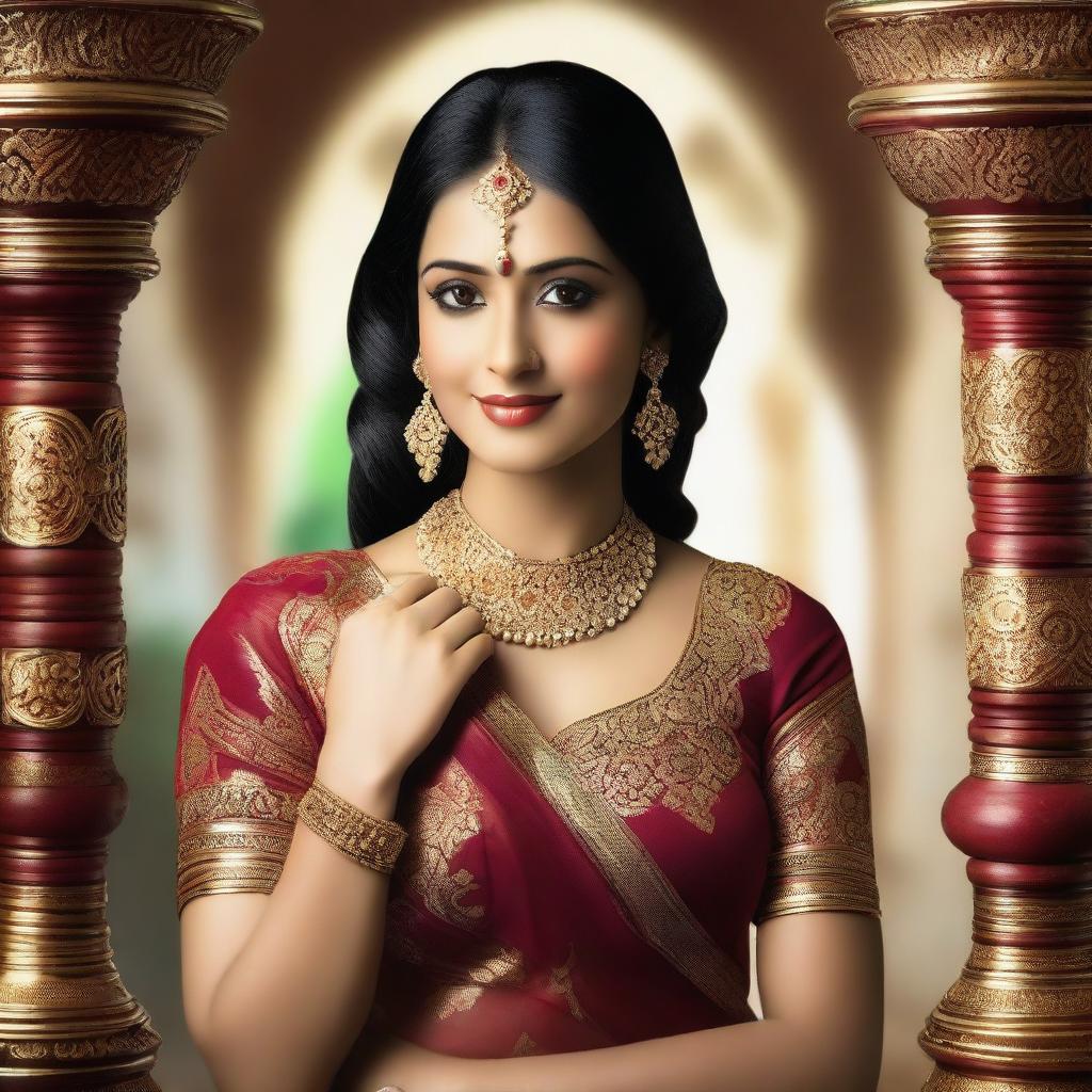 A beautiful Indian woman with traditional attire, featuring intricate jewelry and a vibrant sari