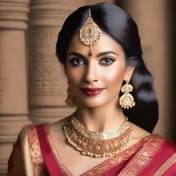 A beautiful Indian woman with traditional attire, featuring intricate jewelry and a vibrant sari